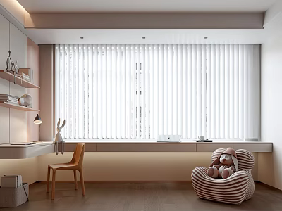 Bright Kids Room Interior With Striped Bean Bag Chair Stuffed Toys Desk Chair And Blinds 3d model
