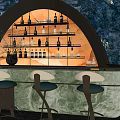 Modern Sales Office Interior With Arched Backdrop Wine Racks And Bar Counter