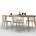 Simple Wooden Dining Table Set With Four Chairs And Tableware Vase 3d model