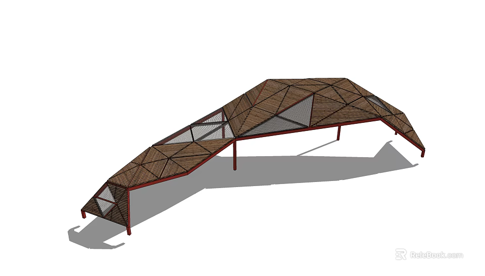 Modern Pergola Structure With Geometric Brown Roof And Red Support Frames 3d model