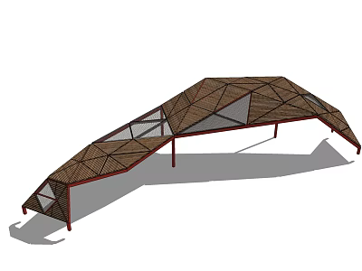 Modern Pergola Structure With Geometric Brown Roof And Red Support Frames 3d model