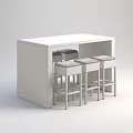Brown Woven Bar Counter with Black Top and Four Stools Featuring White Cushions Silver Legs