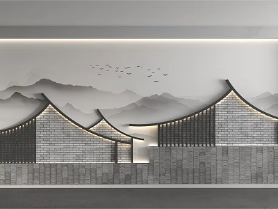 Elegant Gray Background Wall Design Featuring Mountain Pattern Flying Birds And Traditional Roof 3d model
