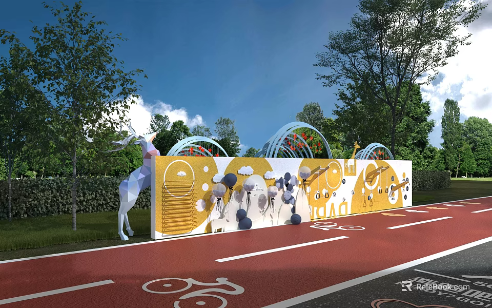 Building Exterior Wall With Yellow White Decorative Patterns Green Plants Bicycle Lane And Sculpture 3d model 
