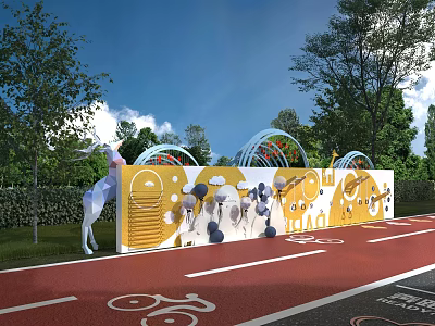 Building Exterior Wall With Yellow White Decorative Patterns Green Plants Bicycle Lane And Sculpture 3d model