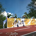 Building Exterior Wall With Yellow White Decorative Patterns Green Plants Bicycle Lane And Sculpture