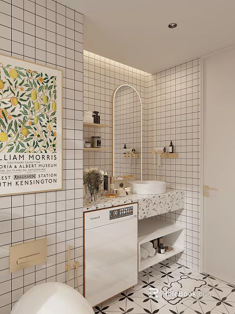 Modern Bathroom Interior Featuring White Tiled Walls Arched Mirror Lemon Art And Patterned Countertop 3d model 