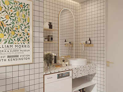 Modern Bathroom Interior Featuring White Tiled Walls Arched Mirror Lemon Art And Patterned Countertop 3d model