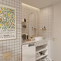 Modern Bathroom Interior Featuring White Tiled Walls Arched Mirror Lemon Art And Patterned Countertop
