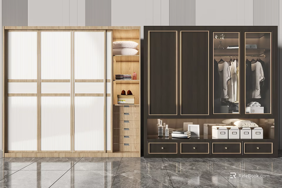 Modern Light And Dark Wood Wardrobe With Sliding Glass Doors Storage Drawers And Hanging Clothes 3d model 