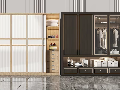 Modern Light And Dark Wood Wardrobe With Sliding Glass Doors Storage Drawers And Hanging Clothes 3d model