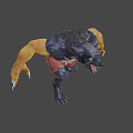 Game Movie Werewolf Character With Black Fur Yellow Eyes Sharp Fangs Bandaged Arms Red Shorts