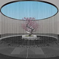 Serene Garden Ornament with Circular Water Curtain Pink Flowering Tree and Pebble Surroundings