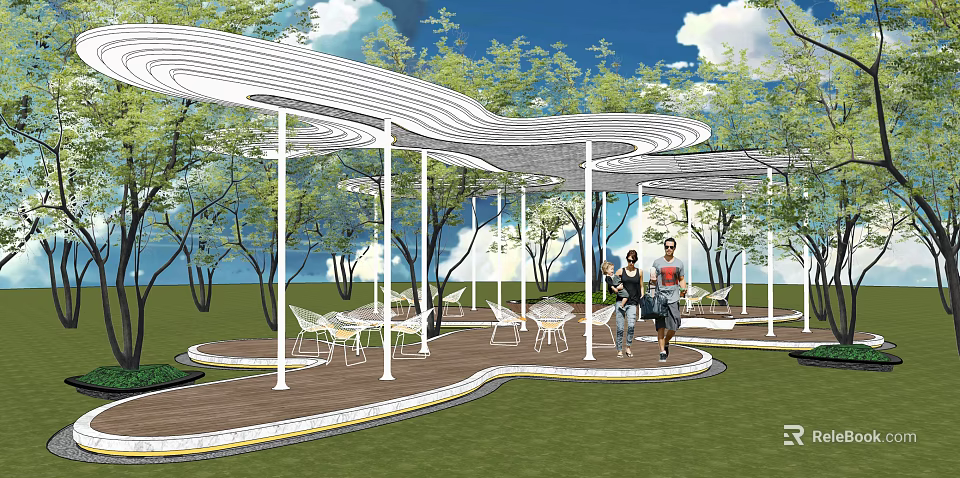 Modern White Curved Roof Pergola with Outdoor Tables Chairs and People Walking in Green Grass 3d model 
