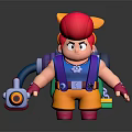Animated 3D Game Character With Red Hair Mechanical Backpack Spray Gun Blue Vest Yellow Pants