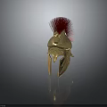 Ancient Warrior Helmet With Red Bird Plume And Golden Engraved Patterns