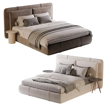 Modern Double Bed Design With Upholstered Headboard Soft Bedding Pillows And Side Tables Neutral Tones 3d model
