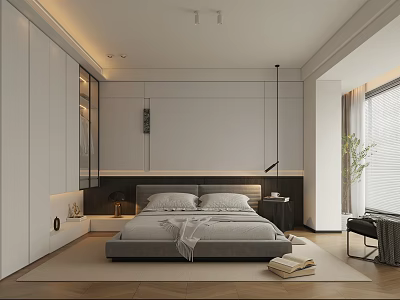 Modern Bedroom Interior Design With Gray Bed White Wardrobe Wooden Floor And Green Plant 3d model