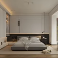 Modern Bedroom Interior Design With Gray Bed White Wardrobe Wooden Floor And Green Plant