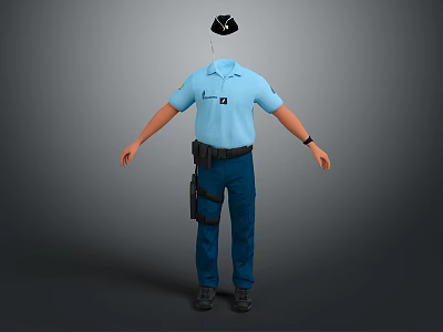 Light Blue Short Sleeve Uniform Shirt With Dark Blue Pants Black Cap And Utility Belt 3d model