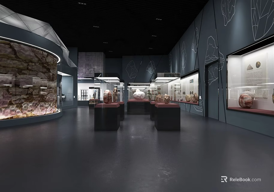 Modern Cultural Center Interior Design With Rock Exhibits And Glass Display Cases 3d model 