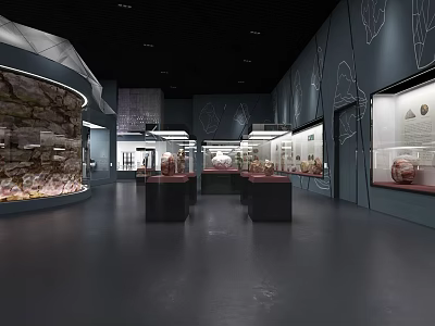 Modern Cultural Center Interior Design With Rock Exhibits And Glass Display Cases 3d model