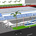 Modern Bus Station Exterior With Glass Roof Palm Trees Buses And Pedestrians