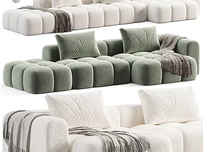 Plush Two Seater Sofa With Soft Cushions And Throw Blanket In White And Green 3d model