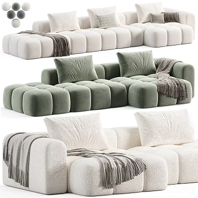 Plush Two Seater Sofa With Soft Cushions And Throw Blanket In White And Green 3d model