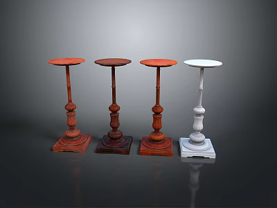 Four Small Tables Different Colors Three Red One White Carved Bases Dark Gradient Background 3d model