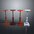 Four Small Tables Different Colors Three Red One White Carved Bases Dark Gradient Background