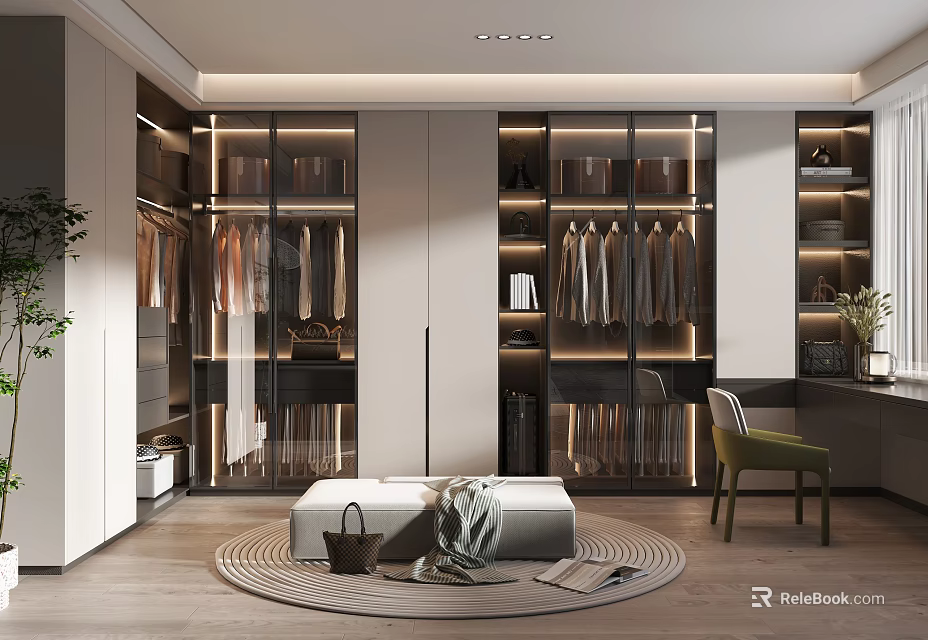 Modern Walk in Closet Interior Design With Glass Door Wardrobes Hanging Clothes And Storage Cabinets 3d model 