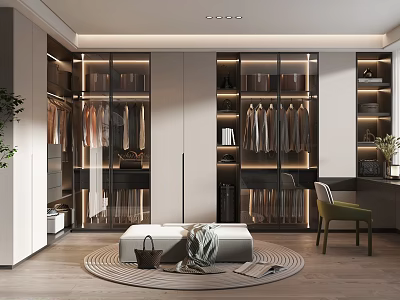 Modern Walk in Closet Interior Design With Glass Door Wardrobes Hanging Clothes And Storage Cabinets 3d model