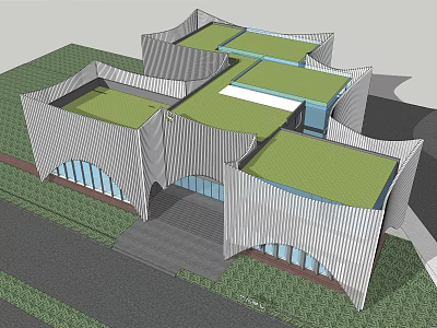 Modern Sales Office Building With Green Roof Irregular Geometric Facade And Glass Windows 3d model