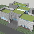 Modern Sales Office Building With Green Roof Irregular Geometric Facade And Glass Windows
