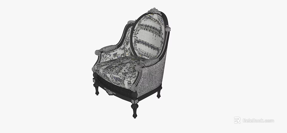 Elegant Classic Single Sofa With Intricate Floral Pattern Upholstery And Carved Wooden Legs 3d model 