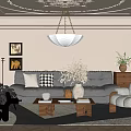 Luxurious Living Room Interior With Ornate Chandelier Sofa Set And Decorative Plants