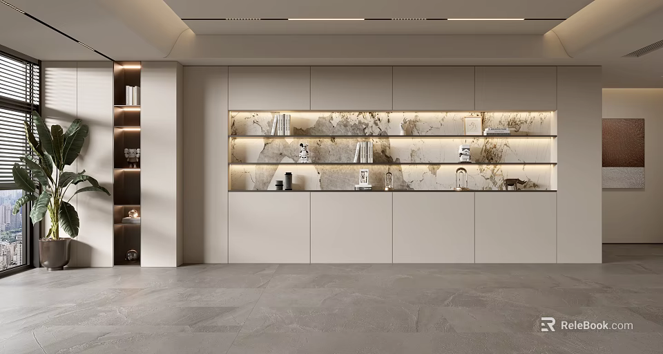 Modern Sofa Background Wall With Marble Texture Shelves And Lighting 3d model