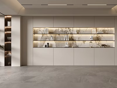 Modern Sofa Background Wall With Marble Texture Shelves And Lighting 3d model