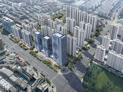 Urban Aerial Planning With Modern High Rise Buildings And Green Spaces 3d model