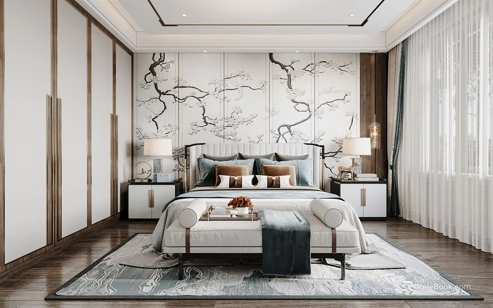 Modern Bedroom Interior With Tree Branch Wall Art Bed Nightstands Lamps Bench And Area Rug 3d model 