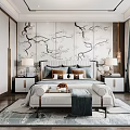 Modern Bedroom Interior With Tree Branch Wall Art Bed Nightstands Lamps Bench And Area Rug