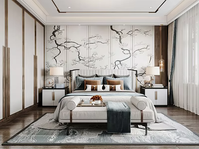 Modern Bedroom Interior With Tree Branch Wall Art Bed Nightstands Lamps Bench And Area Rug 3d model