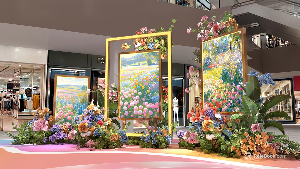 Vibrant Photo Check-in Spot In Mall With Colorful Flower Decorations And Painted Frames 3d model 