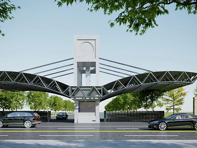 Modern Entrance Gate Design With Geometric Roof Central Tower Trees And Cars On Road 3d model