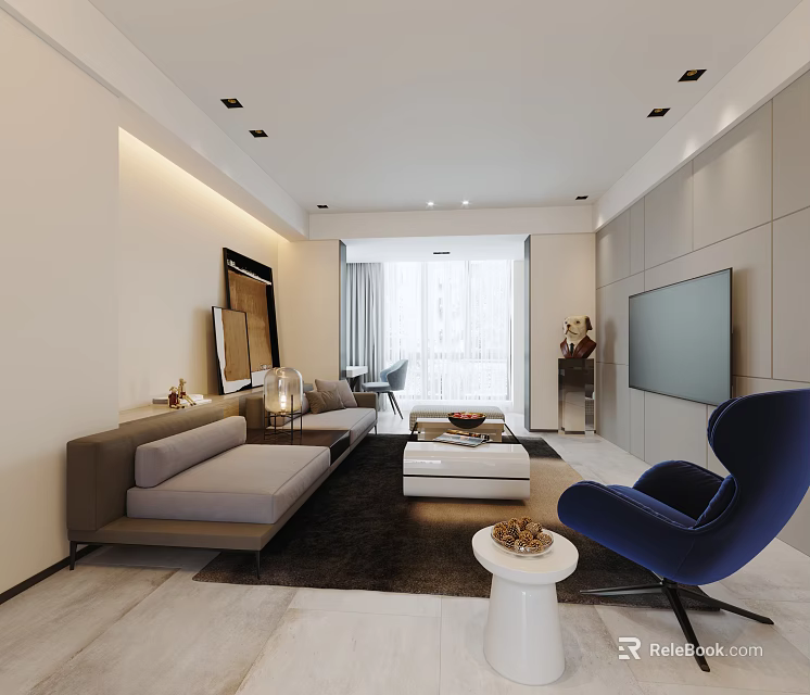 Modern Living Room Interior With Grey Sofa Blue Chair Coffee Table Rug And TV 3d model 