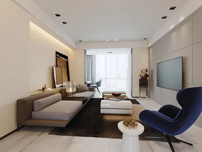 Modern Living Room Interior With Grey Sofa Blue Chair Coffee Table Rug And TV 3d model
