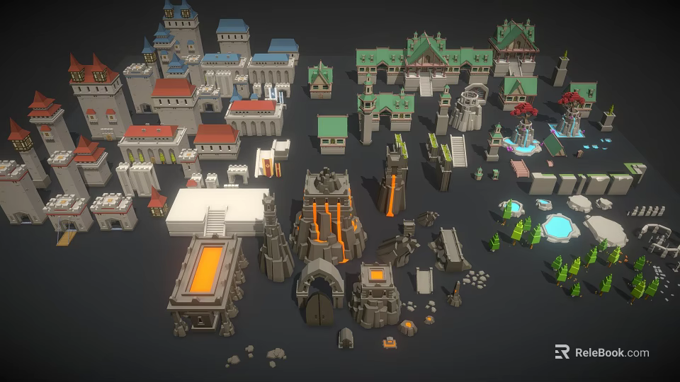 Cartoon Scene Design With Castle Tower House Fountain And Tree Elements 3d model