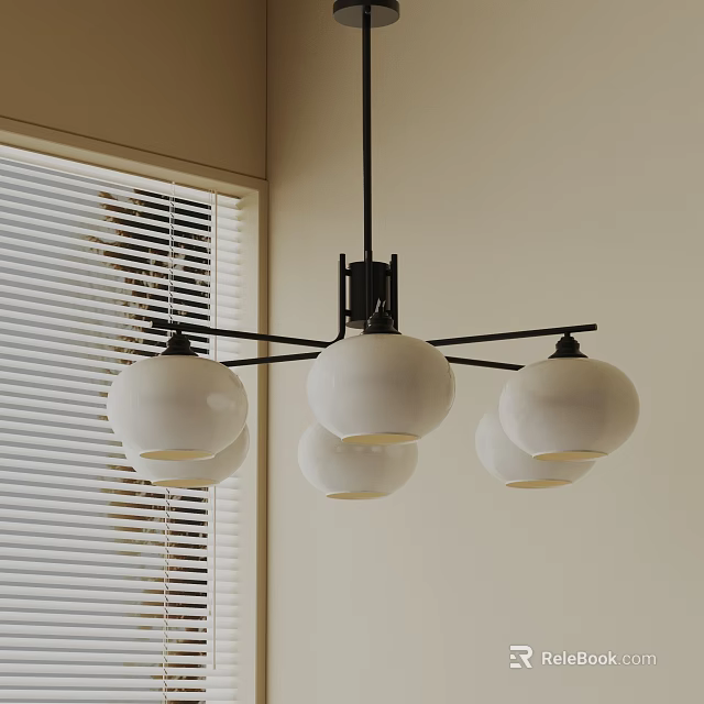 Modern Chandelier With White Spherical Shades And Black Metal Frame In Indoor Space With Blinds 3d model 