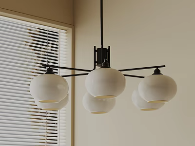 Modern Chandelier With White Spherical Shades And Black Metal Frame In Indoor Space With Blinds 3d model